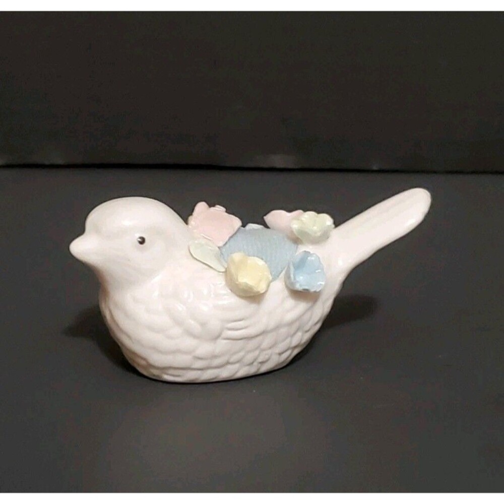 Bird Pin Cushion Flower Basket Milk Glass Porcelain Japan Songbird Sewing Caddy